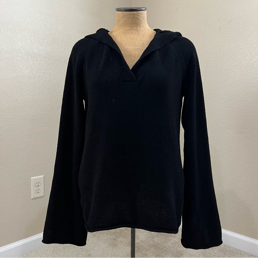 Prana Hooded V-Neck Tunic Sweater Size Large Relaxed Fit Black Flare Sleeve,